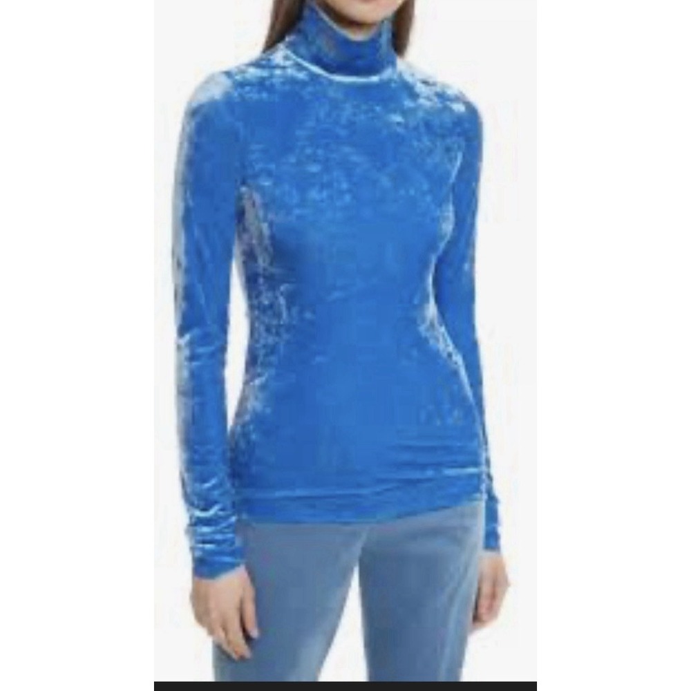 Tibi Stretch Crushed  Velvet Turtleneck Top Colorful Blue Soft Pullover Size M